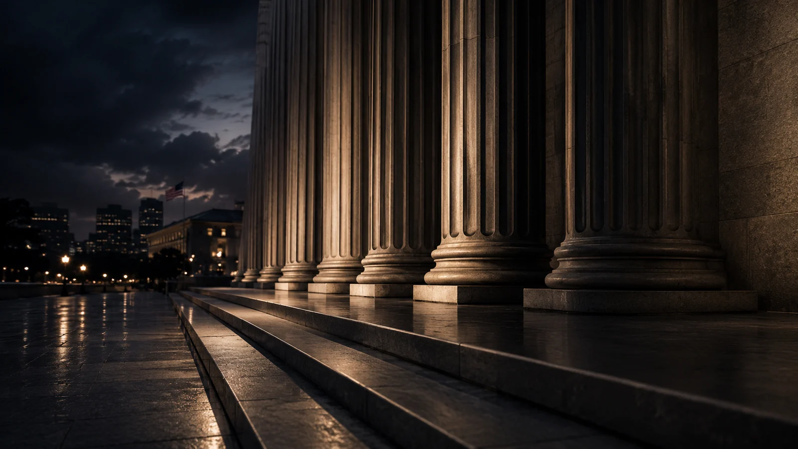 Courthouse columns at dusk