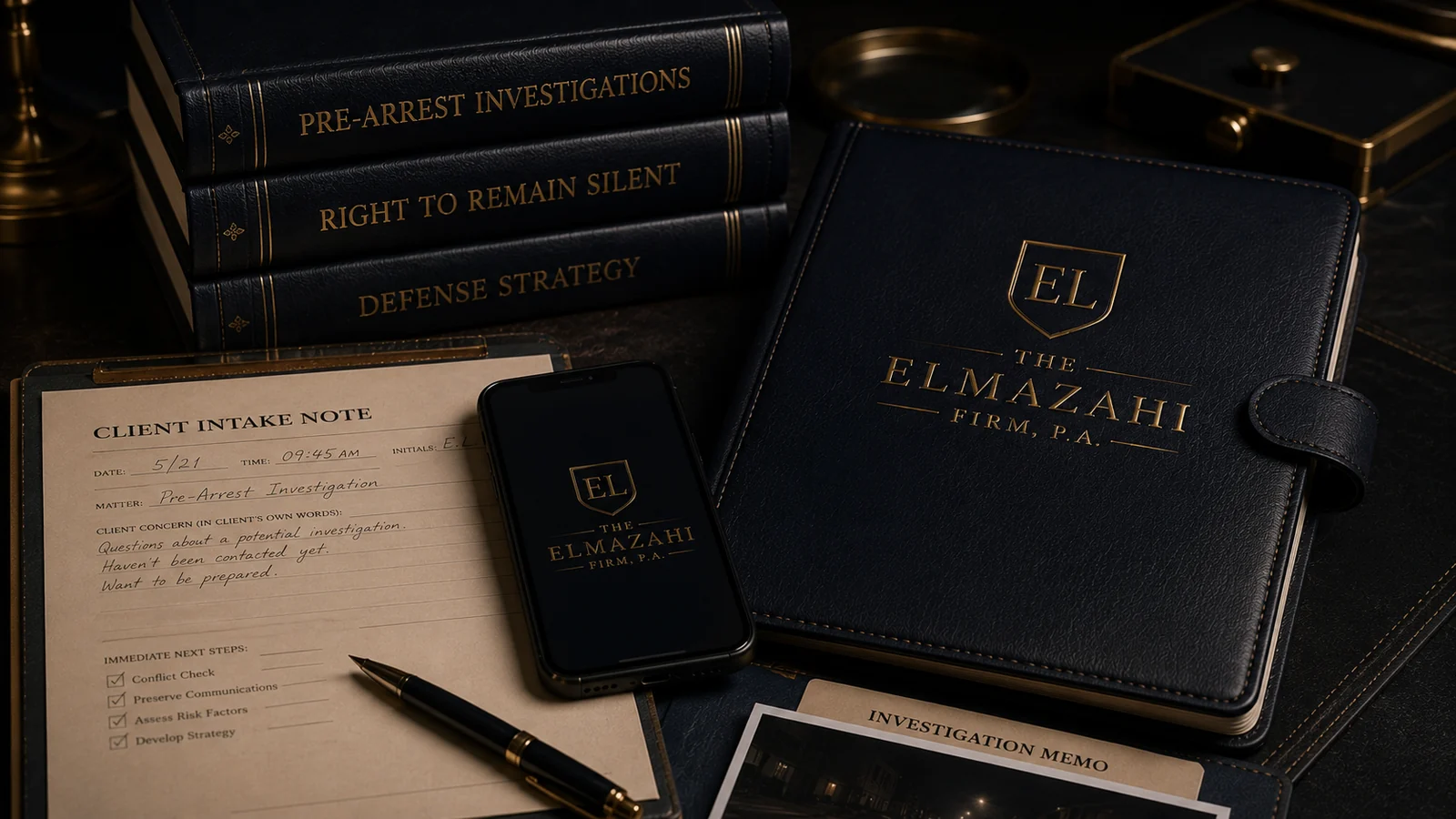 Pre-arrest investigation desk with evidence and strategy materials