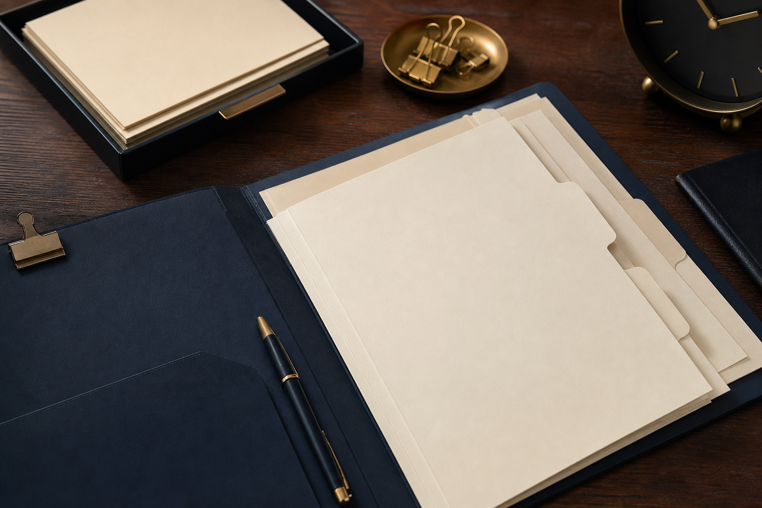 Structured legal case preparation materials on a dark desk