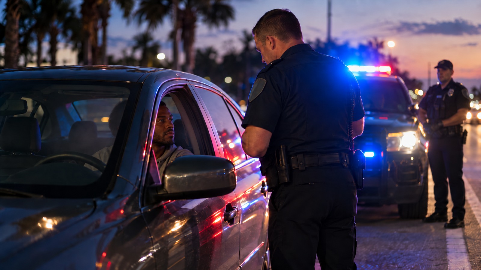 Driver speaking with a police officer during a dusk Florida traffic stop, with faint haze inside the vehicle